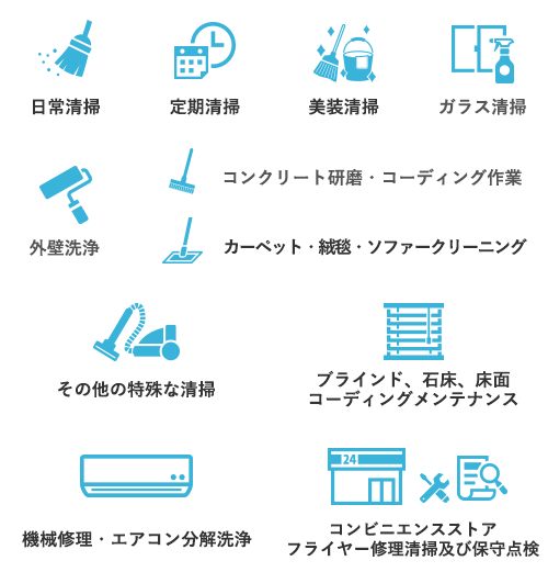 日常清掃・定期清掃・美装清掃・ガラス清掃・外壁洗浄・コンクリート研磨・コーディング作業・カーペット・絨毯・ ソファークリーニング・その他の特殊な清掃